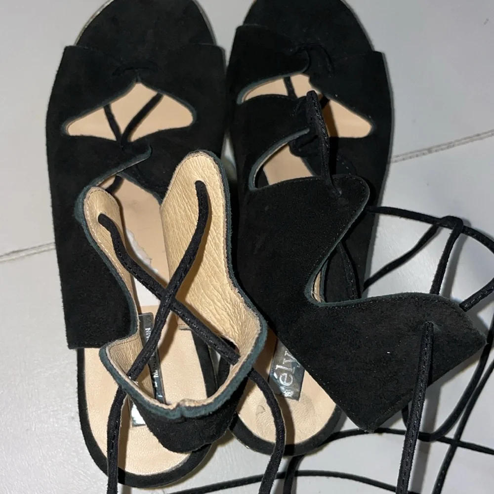 Elysess black leather gold platform wedge lace up heels 38